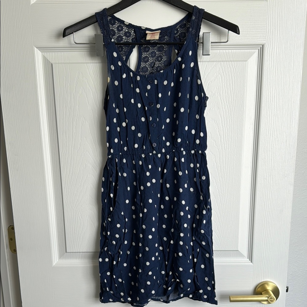 Navy Polka Dot Lace Cutout Keyhole Back Cinched Waist Sleeveless Dress Pockets